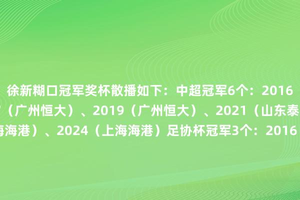 徐新糊口冠军奖杯散播如下：中超冠军6个：2016（广州恒大）、2017（广州恒大）、2019（广州恒大）、2021（山东泰山）、2023（上海海港）、2024（上海海港）足协杯冠军3个：2016（广州恒大）、2021（山东泰山）、2024（上海海港）超等杯冠军1个：2018（广州恒大）（注：德转页面暂未更新2024年足协杯冠军奖杯）FIFA投注网体育信息