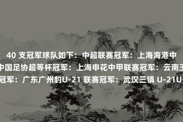 40 支冠军球队如下：中超联赛冠军：上海海港中国足协杯冠军：上海海港中国足协超等杯冠军：上海申花中甲联赛冠军：云南玉昆中乙联赛冠军：广东广州豹U-21 联赛冠军：武汉三镇 U-21U-17 联赛冠军：上海海港 U-17U-15 联赛冠军：广州俱乐部 U-15中冠联赛冠军：深圳二零二八女超联赛冠军：武汉车谷江大女甲联赛冠军：辽宁沈北禾丰女足女乙联赛冠军：山东精花女足女子足协杯冠军：北京雨虹修缮女足锦